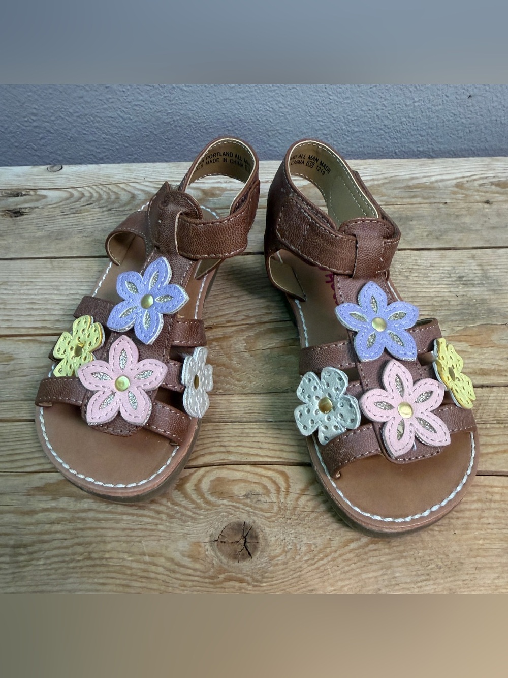 Kids Brown Floral Leather Sandals with Pastel Flowers